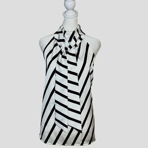 LOFT Black & White Striped Bow Halter Blouse | Size XL |